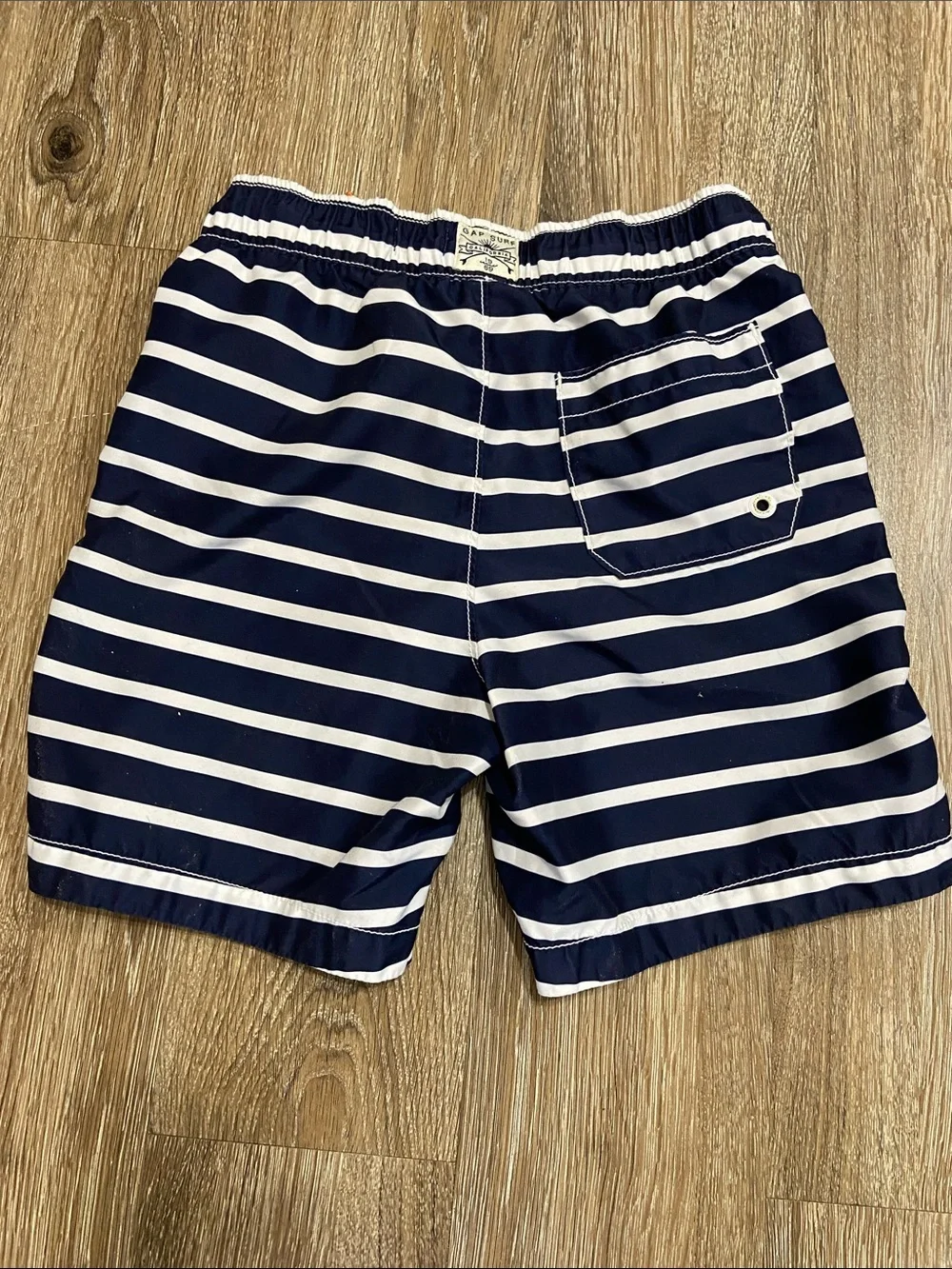 GAP Navy and White Striped Kids Swim Trunks with Orange Drawstring